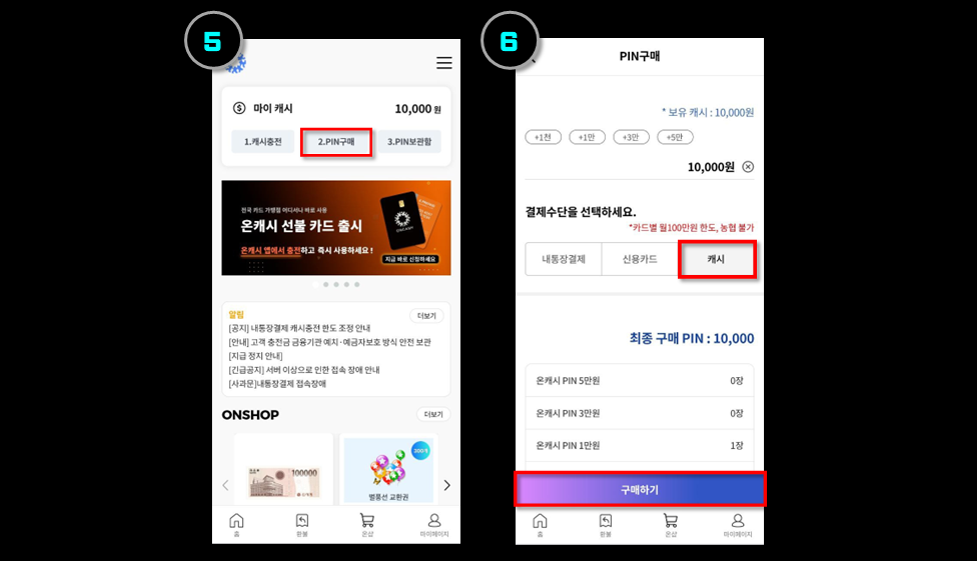 캐시구매 STEP 3 화면 예시